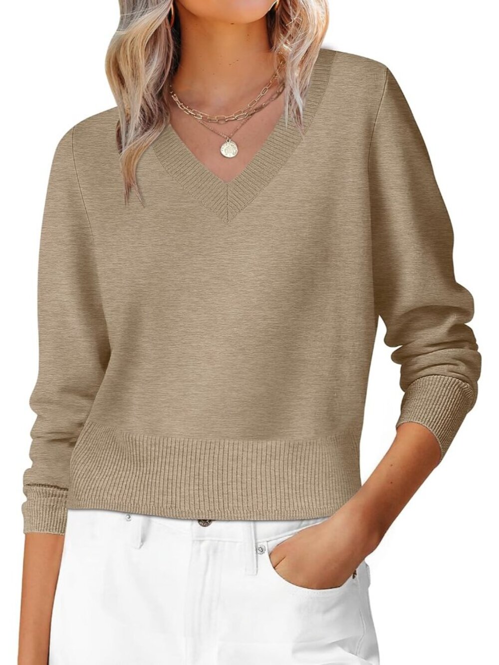 Women's Tan Cropped V Neck Long Sleeve Casual Pullover Fall Outfits Sweaters